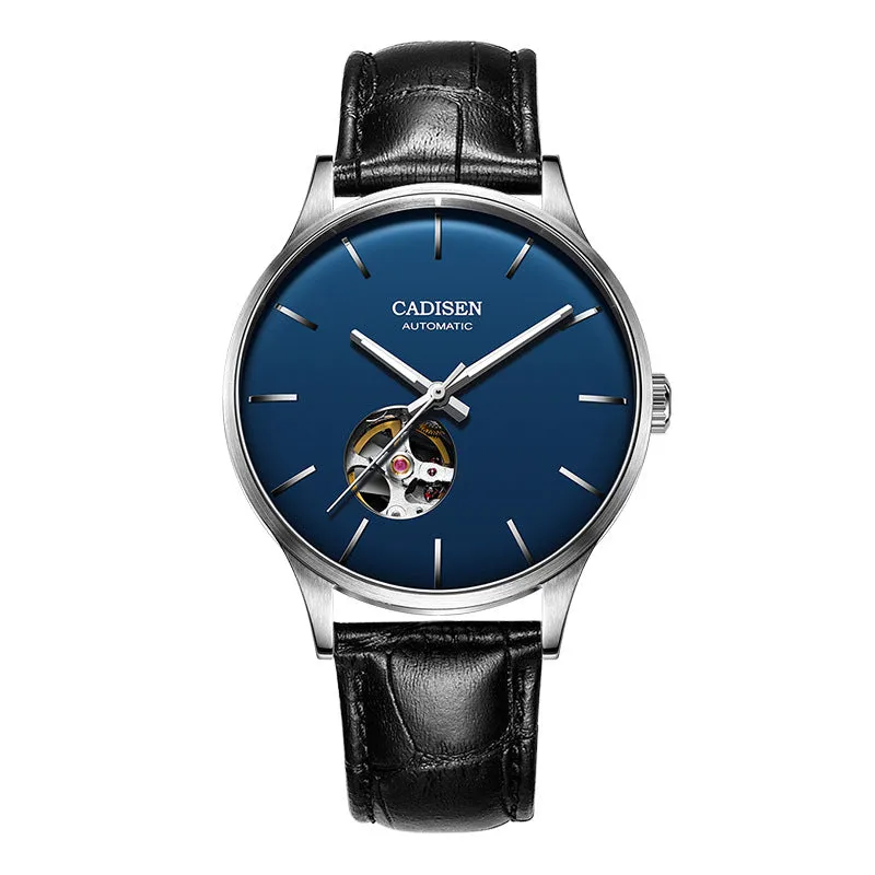Cadisen C8164 open-heart automatic with blue dial, shown on a black leather strap