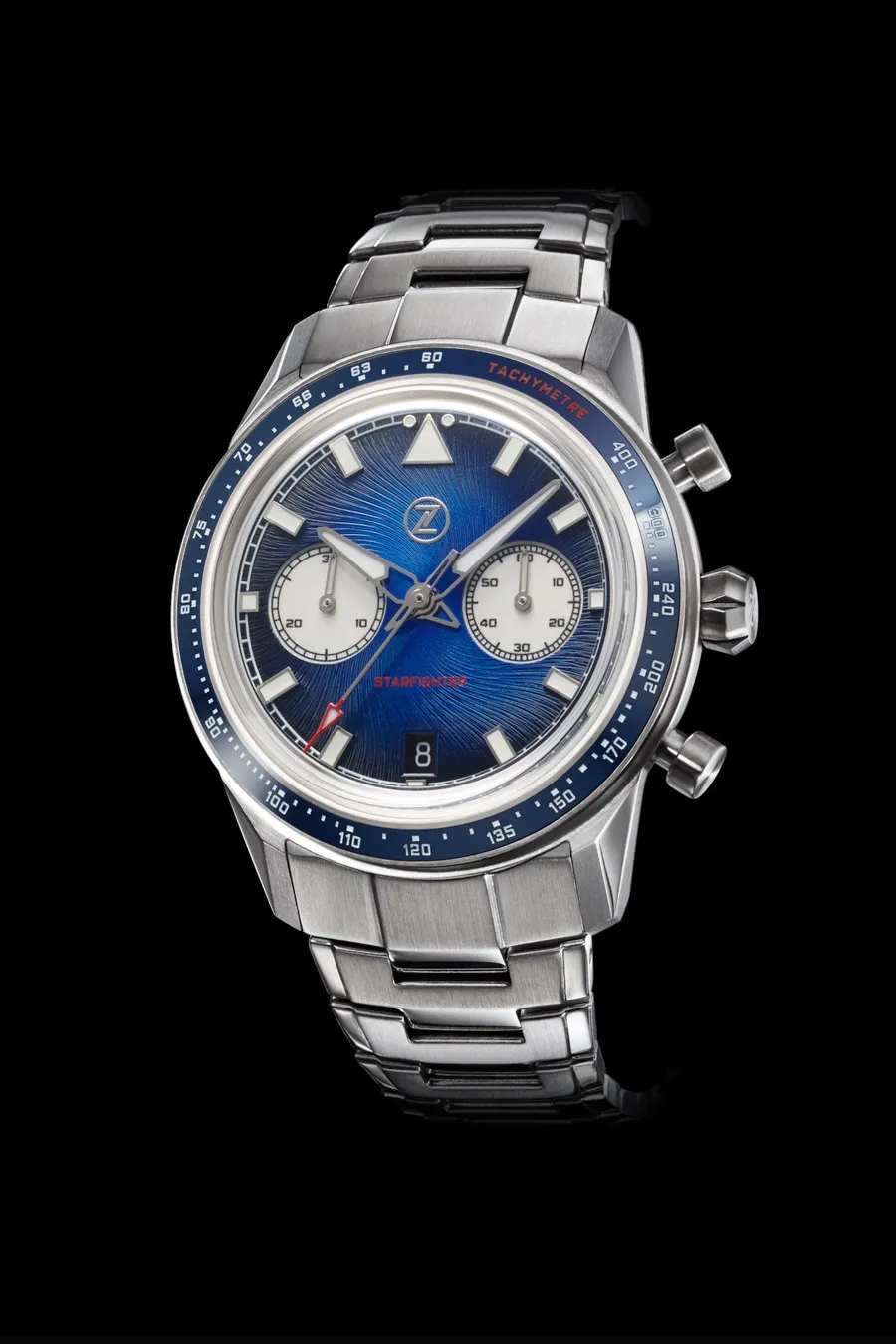 Zelos Starfighter Chronograph Midnight Blue, blue guilloché dial with white subdials and blue ceramic tachymeter bezel, on steel bracelet