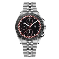 Pagani Design PD-1816 chronograph with black dial, red checkered minute track and black tachymeter bezel on bracelet