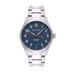 Oak & Oscar Olmsted 38, navy sandwich dial with date at 6, on steel bracelet