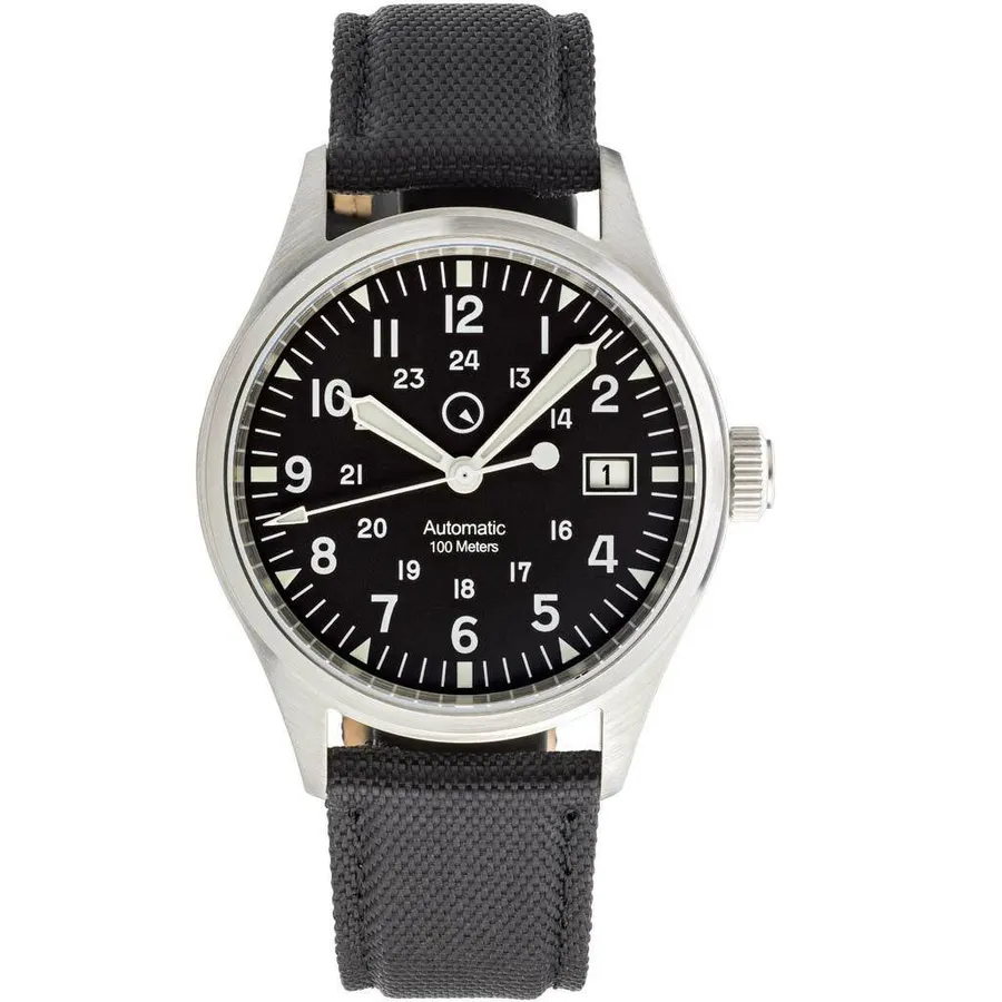 Islander Mitchel field watch with black dial and date at 3 on black nylon strap