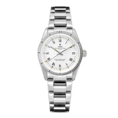 Thorn T004 34mm with white Roman-numeral dial and engine-turned bezel on the steel bracelet