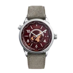 Farer World Timer Thorne, burgundy guilloché dial, on grey suede leather strap