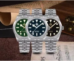San Martin SN0107-B4 with green, blue and black enamel dials and snowflake hands on five-link steel bracelets