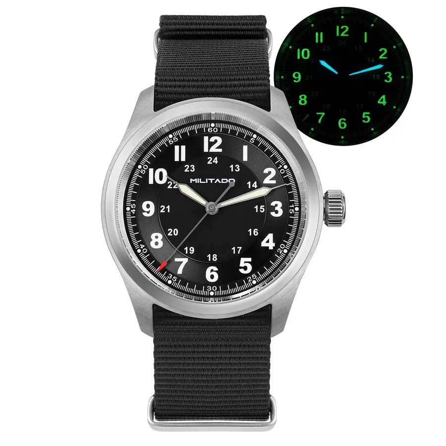 Militado ML08 (VH31) with black field dial and Militado logo on black nylon strap