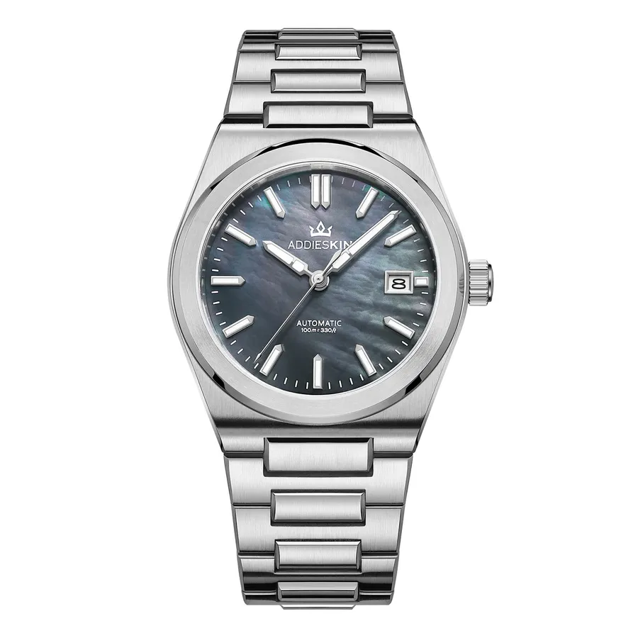 AddiesKIN K008 with dark grey mother-of-pearl dial on its integrated steel bracelet