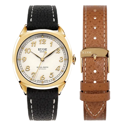 KUOE Royal Smith 90-008, Gold Case, Gold Numerals, on leather strap