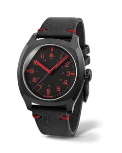 Undone Terra Red Edition with black-coated case and black dial with red numerals on a black leather strap