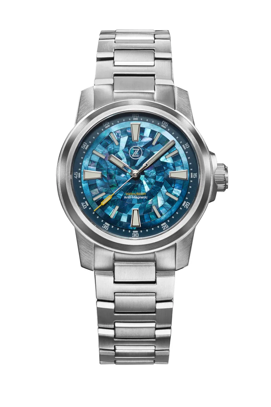 Zelos Aurora Field 38mm Ti, teal mother-of-pearl mosaic dial, on titanium bracelet