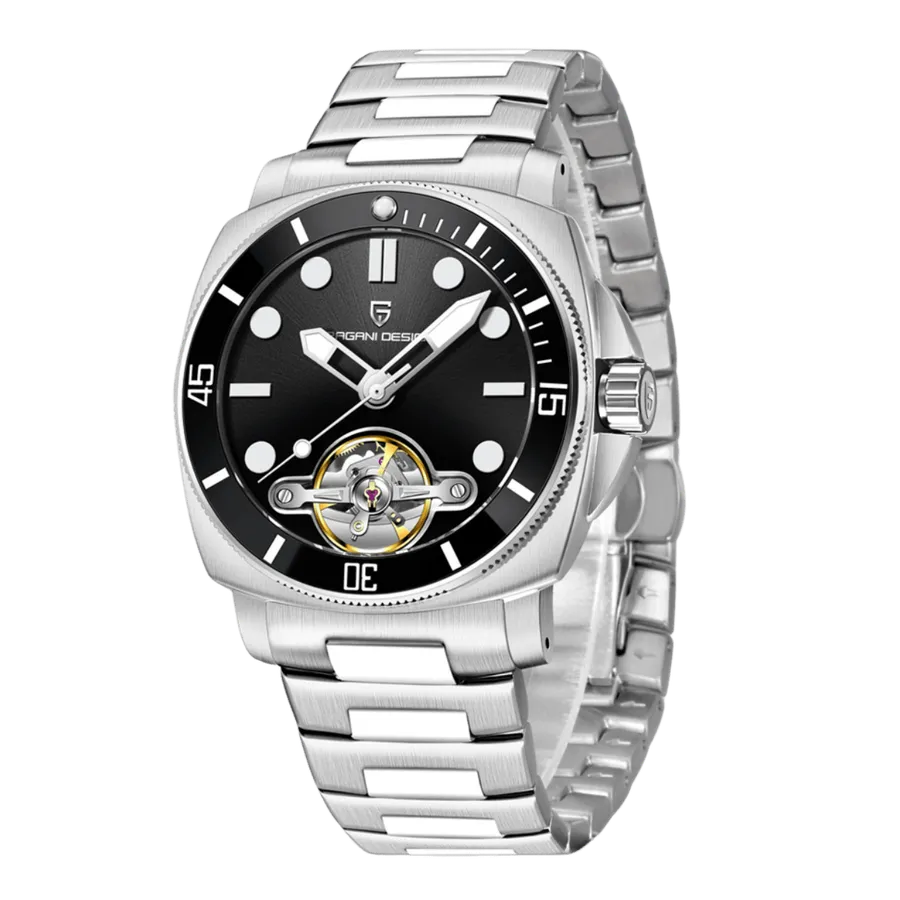 Pagani Design PD-1833 cushion-cased automatic with black dial, open-heart aperture at 6 and black 60-minute bezel, on steel bracelet
