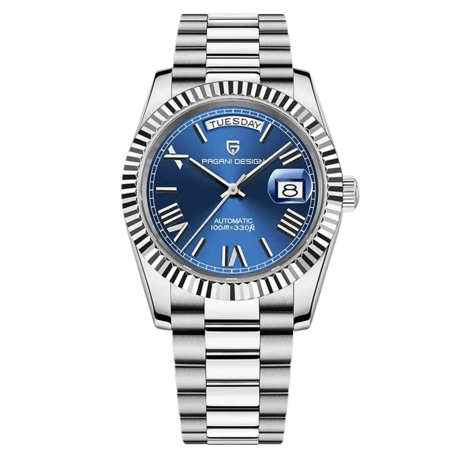 Pagani Design PD-1783 day-date with blue dial, fluted bezel and president-style bracelet