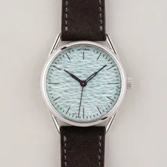 anOrdain Model 3 Method Lichen, rippled pale green vitreous enamel dial with blued hands, on grey suede strap