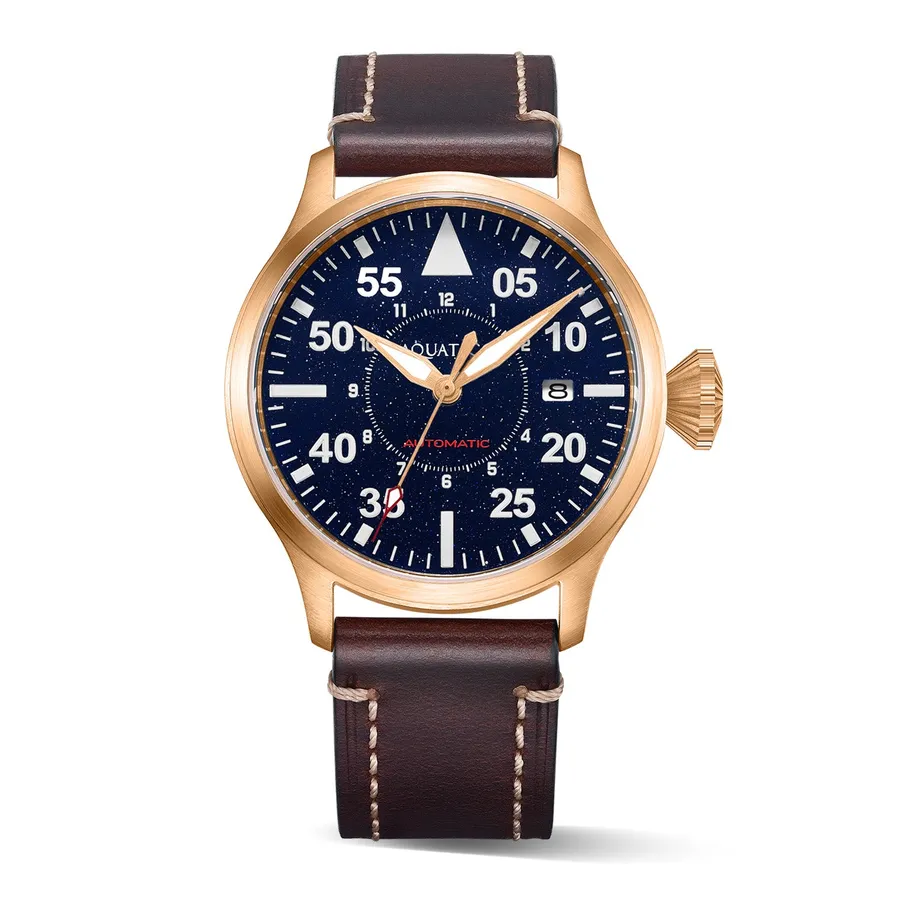 Aquatico Bronze Horizon Hawk with blue aventurine dial and date at 3, on brown leather strap