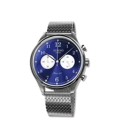 Tusenö First 38 Panda, silver case, blue reverse-panda dial, on mesh bracelet