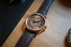 Bernhardt Captain Sovereign, rose gold PVD case and monochrome guilloché dial, on brown leather strap