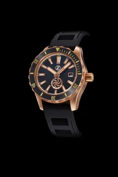 Zelos Abyss 3 3000m Bronze Turbine Black Sand, sand-textured black dial with turbine small seconds, black ceramic bezel