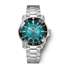 Wise Adamascus ADX161 True GMT in 904L steel, sunburst gradient aqua blue dial, black bezel and red GMT hand, on 904L bracelet