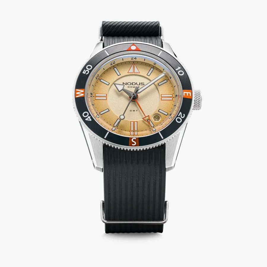 Nodus Nomad Gobi, tan dial with GMT hand and date at 4, compass bezel, on ribbed rubber strap