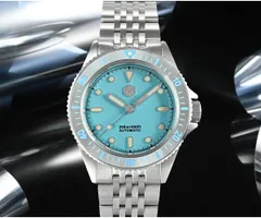San Martin SN044-G with cyan blue dial on the seven-link steel bracelet