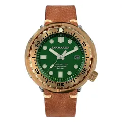 San Martin SN003-Q with bronze shroud and green date dial on leather strap