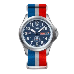 Vaer C5 Postmaster 40mm on USPS-striped single-pass nylon strap