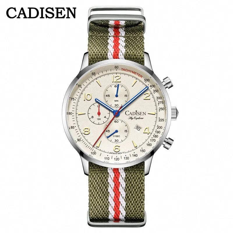 Cadisen C7067 quartz chronograph with cream dial and Arabic numerals on a green striped nylon strap
