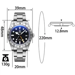 Addiesdive AD2035 dimension graphic (39mm, 48mm, 12.8mm, 20mm, 130g)