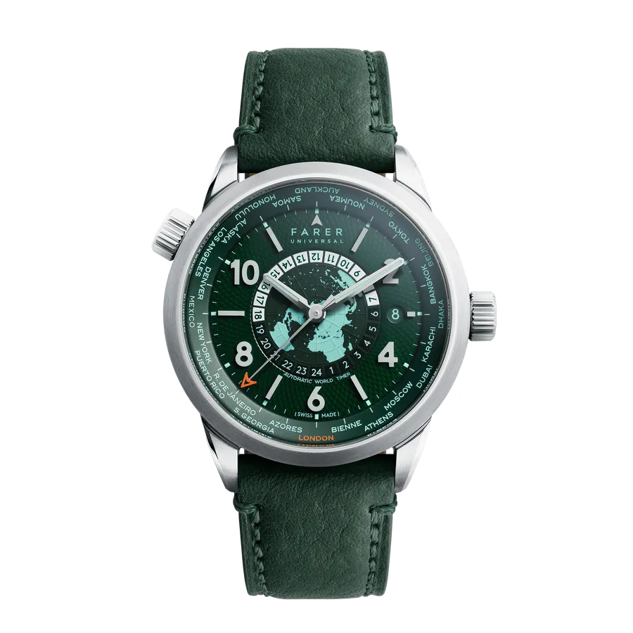 Farer World Timer Foxe, green guilloché dial with green and white 24-hour disc, on agave green St. Venere leather strap