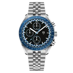Pagani Design PD-1816 chronograph with black dial, blue checkered minute track and blue tachymeter bezel