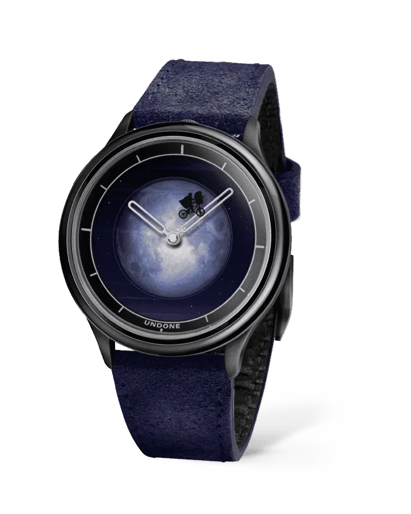 Undone Blockbuster E.T. with black case and dark blue moon dial on a blue strap