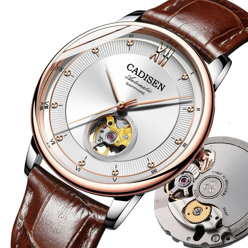Cadisen C8140M automatic with white open-heart dial and rose gold-tone bezel on a brown leather strap