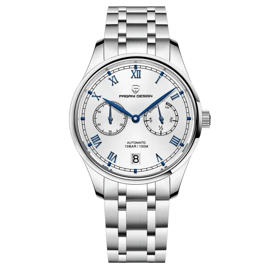 Pagani Design PD-1772 with white dial, blue Roman numerals, small seconds and power-reserve indicator on steel bracelet