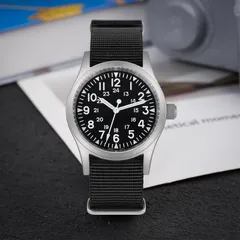 Militado ML05 (VH31) with black field dial, white numerals and hands on black nylon strap