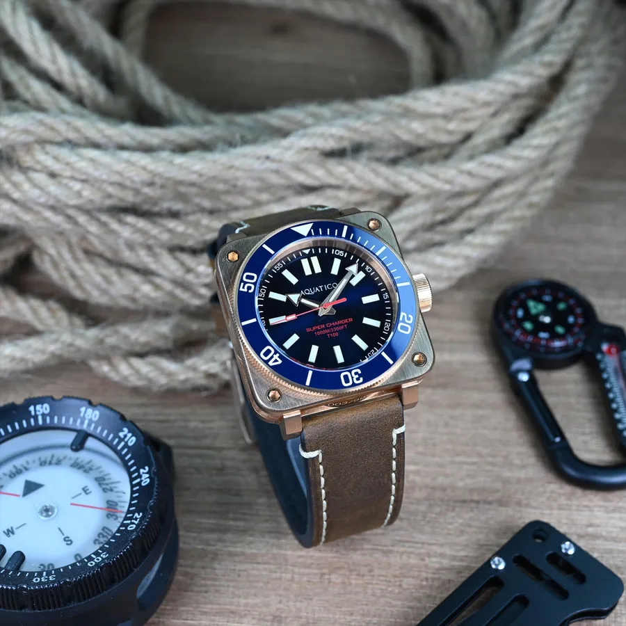 Aquatico Super Charger Bronze No Date with blue dial without date window and blue ceramic bezel, on brown leather strap