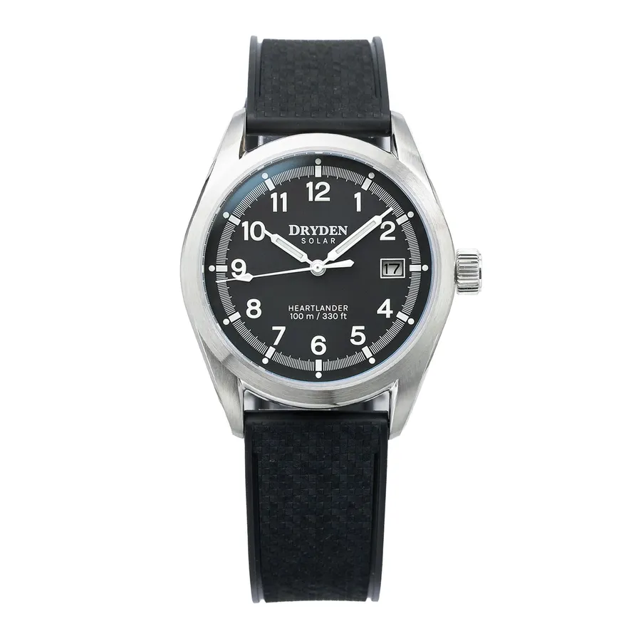 Dryden Heartlander Solar, Classic Black dial with date at 3, on black FKM rubber strap