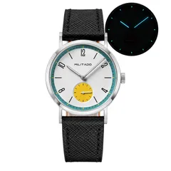 Militado ML27 with white dial and yellow small seconds on black leather strap