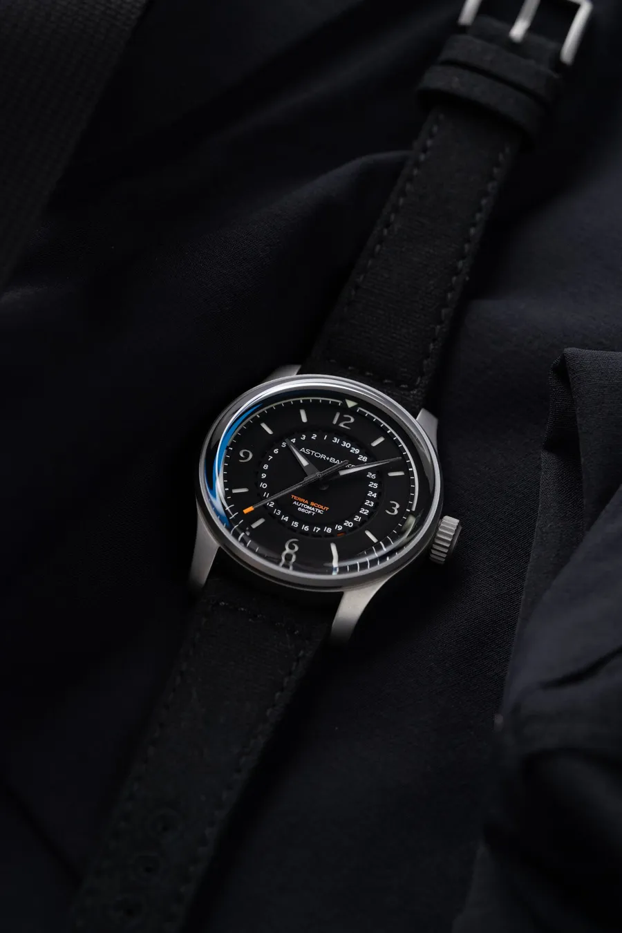 Astor+Banks Field Watch Classic, black dial, sandblasted steel case, on black canvas strap