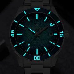 AddiesKIN K005 lume shot, hands, indices and bezel scale glowing blue