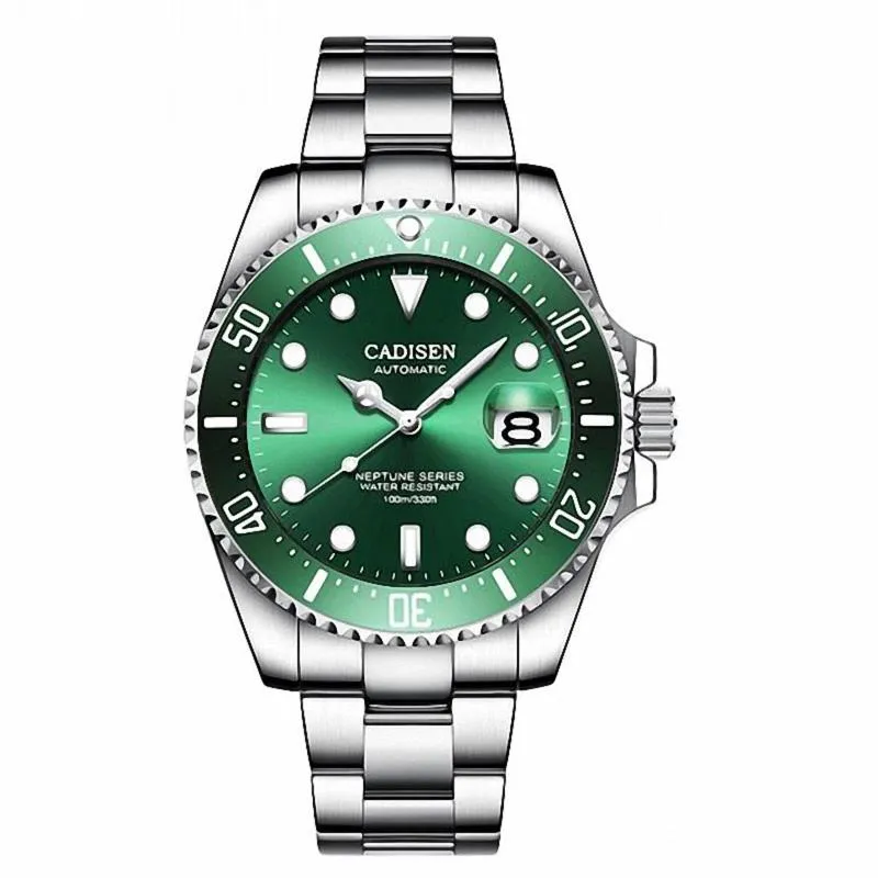 Cadisen C8177 Submariner-style automatic with green dial and green bezel on an oyster-style steel bracelet
