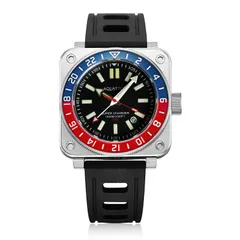 Aquatico Steel Man GMT with black dial and blue and red bezel, on black rubber strap