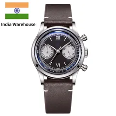 Addiesdive AD2037 with black dial, silver sub-dials and a dark brown leather strap (India warehouse listing photo)