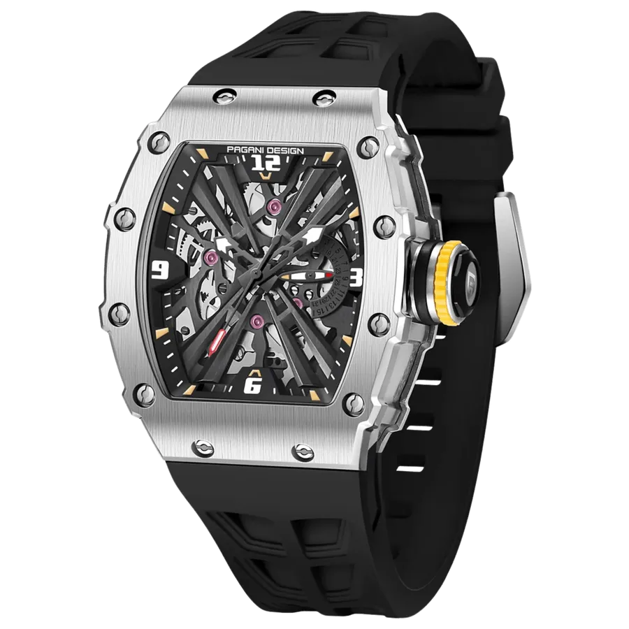 Pagani Design PD-1738 tonneau watch with skeleton-look dial on black strap