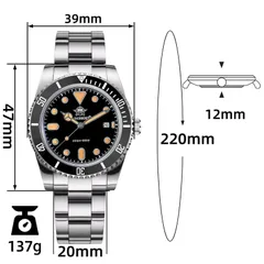 Addiesdive AD2501 dimension graphic (39mm, 47mm lug-to-lug, 12mm, 20mm, 137g)