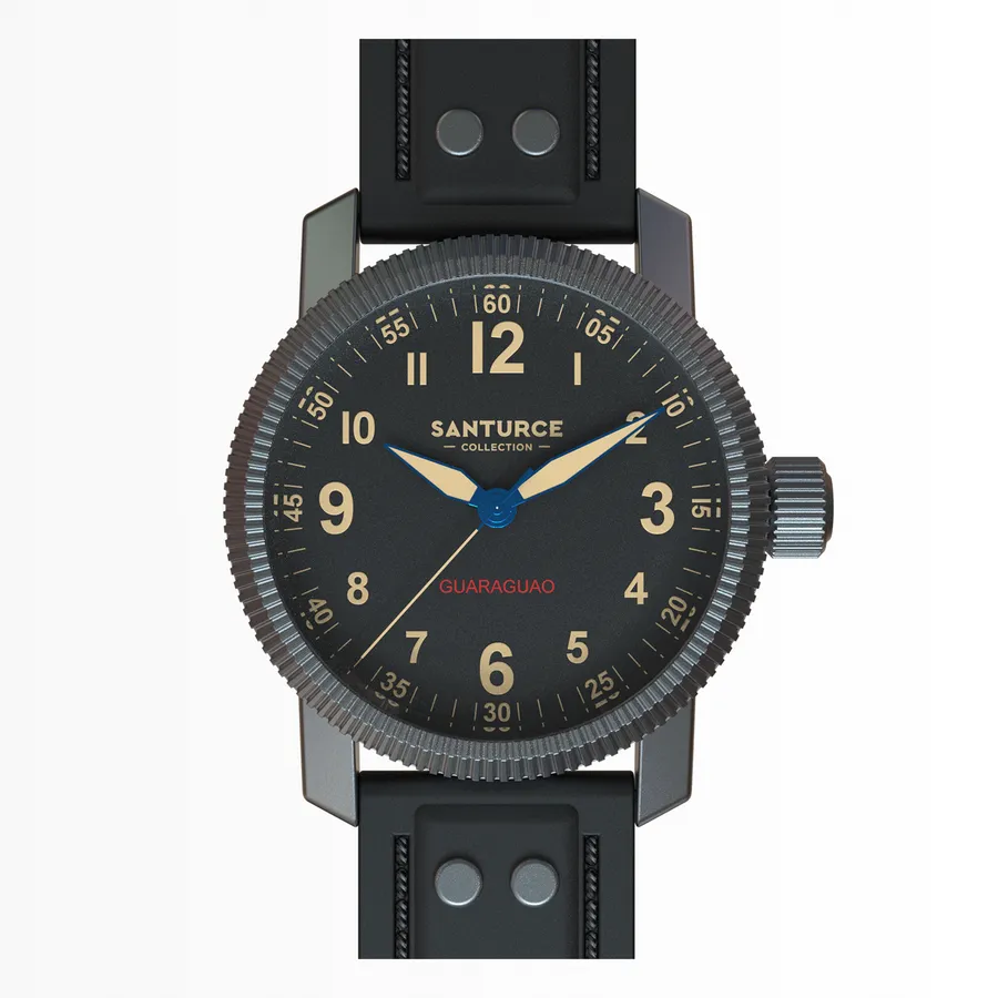 Santurce Collection Guaraguao Time Only, 42mm coated grey case, black dial with cream numerals, on black riveted leather strap