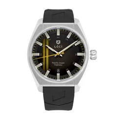 Lōcī Pacific Coast Highway Big Sur, black dial with yellow stripes, on black FKM rubber strap