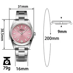 Addies AW25907 dimension graphic (31mm, 38.5mm lug-to-lug, 9mm, 16mm, 200mm, 79g)