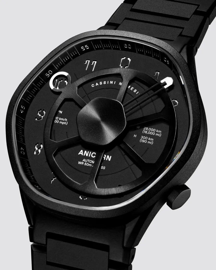 Anicorn Series Cassini Nemesis in sand-blasted black PVD with a layered black dial and hour window, on a black bracelet