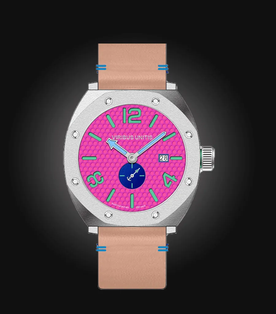 Viribus Unitis IR6 Vintage, bead-blasted steel case, pink dial, on beige leather strap