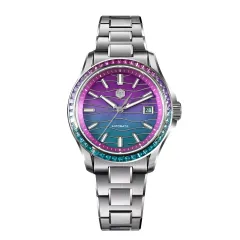 San Martin SN0150-A 39mm with spliced purple and blue mother-of-pearl dial and colour stone bezel on H-link bracelet