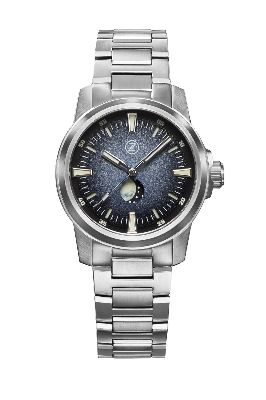Zelos Aurora Moonphase, blue-grey fumé dial with moon phase at 6, on titanium bracelet